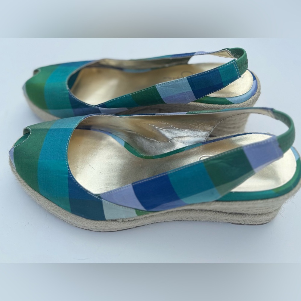 Jessica Simpson Plaid Espadrille Wedges, Blue/Green, size 39 (9B)